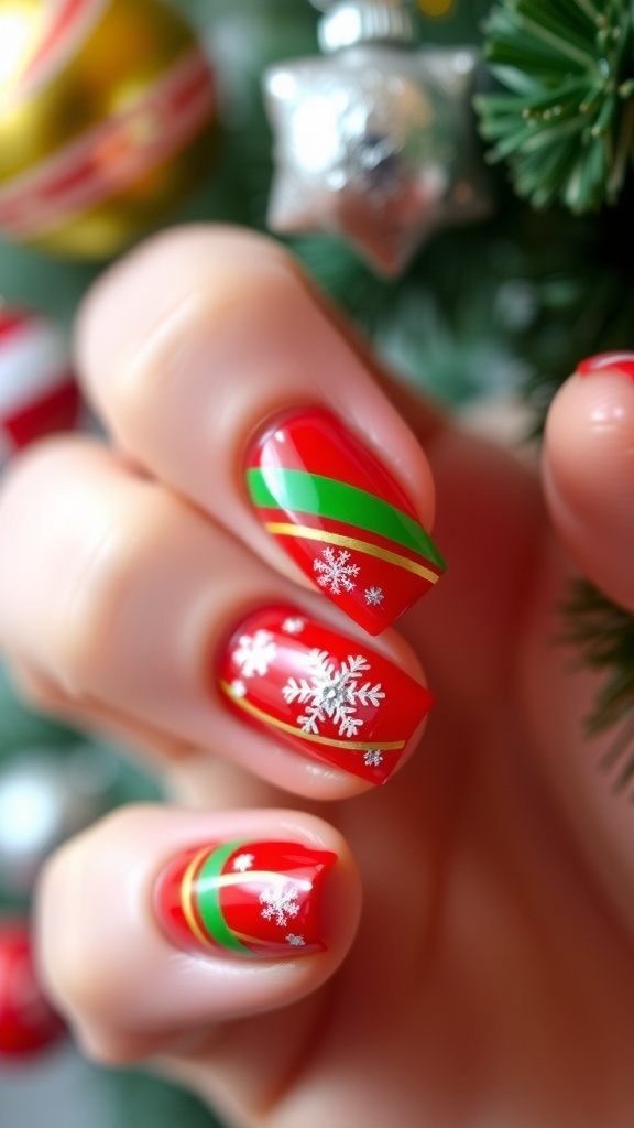 Festive Christmas Nail Design Festive Christmas nail design with red and green colors and glittery snowflakes.